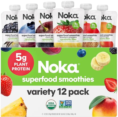 Noka Superfood Fruit Smoothie Pouches Variety Pack, Healthy Snacks with Flax Seed, Plant Protein and Prebiotic Fiber, Vegan and Gluten Free Snacks, Made in USA, Organic Squeeze Pouch, 4.22 oz, 12 Count