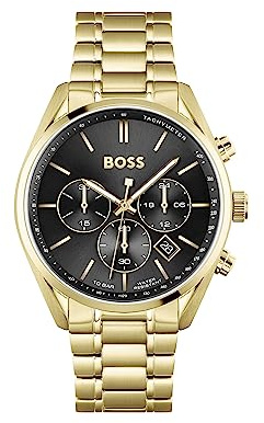 BOSS Herren 44 mm Chronograph Quarz Uhr Champion Kollektion mit Schwarzem Zifferblatt und Goldfarbenem Edelstahlarmband, Datumsfunktion, 3 Totalisatoren, 10ATM Wasserbeständigkeit - 1513848