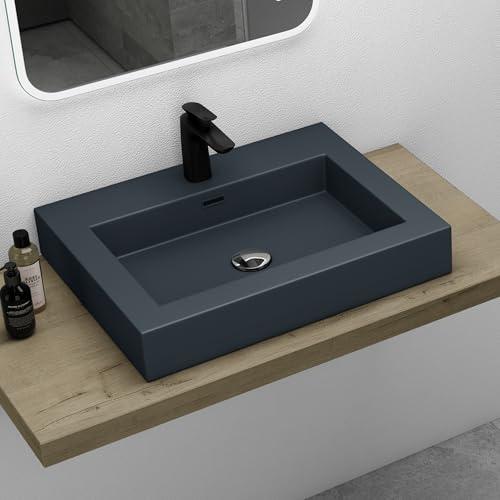 Mai & Mai Vasque à Poser Lavabo Suspendu Gris Noir Mat 60cm Lave Mains Rectangulaire avec Trop-Plein Col18 60x48x10cm