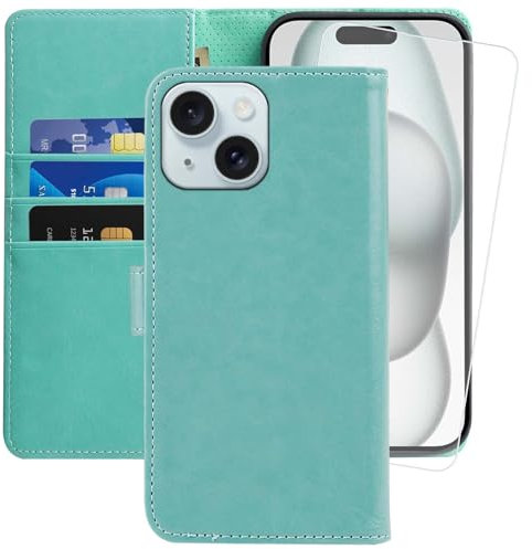 MONASAY für Handyhülle iPhone 15 5G 6.1 Zoll Hülle,[Schutzfolie][Kartenfach][Standfunktion][Magnet][RFID Schutz],Stoßfeste Schutzhülle,Premium Leder Flip Case, Minzgrün