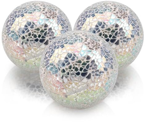 Folmywy Juego de 3 bolas decorativas de 3.35 pulgadas, mosaico de vidrio, orbes de cristal, esferas de centro de mesa, bolas plateadas, modernas, bodas, fiestas, cuencos, jarrones, rellenos, mesa de