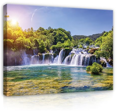 WallArena Leinwand Bilder - Wasserfall Natur grün Landschaft - 60x40 cm | Leinwandbilder, Bild auf leinwand, Wandbild XXL groß Wandbilder für Wohnzimmer Schlafzimmer Wohnzimmerbilder