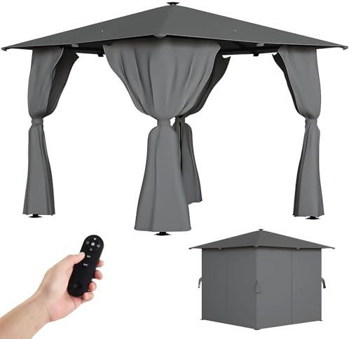 The Fellie Metal Gazebo with Solar LED Lights and Remote Control, 3M x 3M Large Garden Gazebo with Side Curtain, Heavy Duty Outdoor Gazebos for Patio, Backyard, Dimmable, Timing Function, Dark Grey