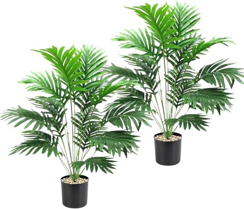 Cnwinu 2 Stück Kunstpflanzen Groß,Künstliche Palmenpflanze,Fake Plant,Künstliche Pflanzen wie Echt,Plastik Pflanze,kunstpflanze für Büro,Zuhause,Drinnen und Draußen Deko (Kleine Palme)