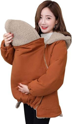 RRHCW Manteau Grossesse 3 en 1 Kangourou Softshell Maternité Porter Veste Polaire avec Capuche,Veste De Maternité Femme Manches Longues Pull Chaud avec Fermeture Éclair-Marron||XL