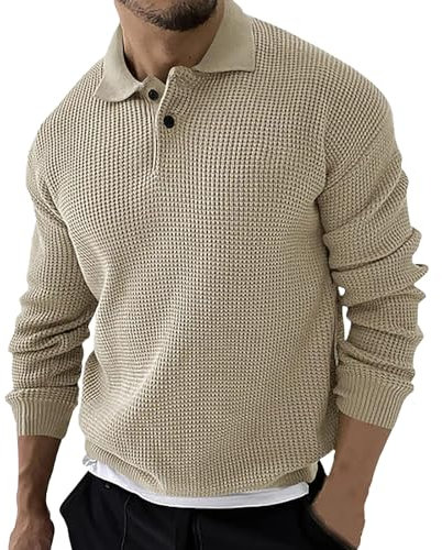 SRZYMJ Male Strickpullover Beige Herren Polokragen Pullover Langarm Feinstrick Polo Strickpullover Basic Einfarbig Männer Pulli Poloshirt Mantel Lang T-Shirts Lang Tank Top Leinenhemd M