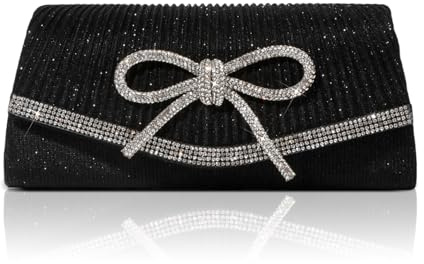 HuiYStar Aftonväskor för Kvinnor Glittrande Rosett Kuvertväska Brudväska Glitter Rhinestone Party Prom Elegant Kopplingsväska, Svart
