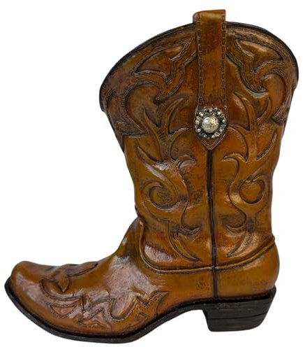 Rustic Western Cowboy Boot Vase for Flowers or Standalone Decoration – Resin Floral Holder with Vintage Worn Leather Look, Embossed Detailing, and Metal Concho Accent - Home or Office