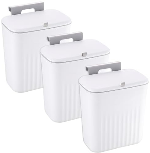 Wensdr 3 Pack Hanging Trash Can with Lid, Kitchen Compost Bin for Counter Top or Under Sink, Waste Basket Wall Mounted Garbage Can for Cupboard/Bathroom/Bedroom/Office/Camping (White)