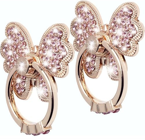 WATACHE Finger Ring Stand, Luxury Glitter Diamond Universal Metal Smartphone Finger Ring Grip Holder Kickstand for iPhone/iPad/Samsung/HTC/Nokia/Cellphones/Tablet-Shiny(Butterfly x2)