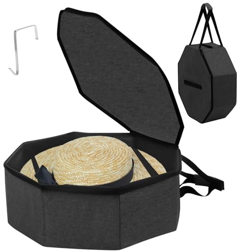Hutschachtel Achteck mit Deckel und Haken, 43x43x18 cm Faltbare Reise Hutbox, Hutkoffer Groß, Stabiler Griff, Hut Organizer Box für Männer und Frauen (Grau)