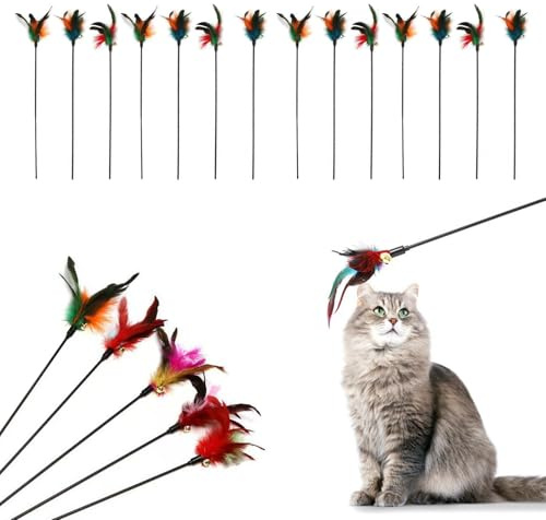 Galenecx 14 Stück Katzenspielzeug Feder, Interaktives Katzenspielzeug, Federstab, Katzen Federn Spielzeug, Katzenangel Ersatzfede, Geeignetals Geschenk für Katzenbesitzer