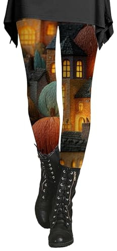 Generisch Damen Leggings mit Herbst-Dorf-Motiv - Bunte Leggins in 3D-Strick-Optik mit Kürbissen und Häusern | Gemütliche Freizeithose für Herbst und Thanksgiving