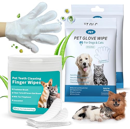ANGAHE Toallitas para Perros y Gatos 12 Guantes + Limpiador Dental 50 Uds