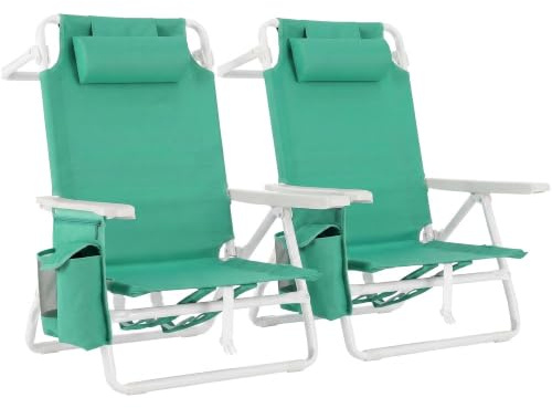 LIFERUN Strandstol hopfällbar lätt set om 2, ryggsäck fällstol strand, campingstol kan ligga platt, kan belastas upp till 150 kg, hopfällbar stol utomhus med justerbart högt ryggstöd, ispåse, grön