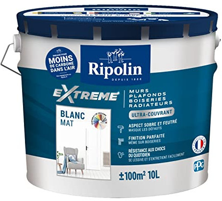 RIPOLIN - Peinture Monocouche pour Murs, Boiseries & Radiateurs - Intérieur - Finition Parfaite - Aspect Sobre et Feutré - Haute Résistance aux Chocs & Salissures - Lessivable - Mat - 10L - Blanc
