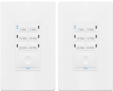 ENERLITES Countdown Timer Switch for bathroom fans and household lights, 1-5-10-15-20-30 Min Settings with Manual Override, Always On Blue LED, Neutral Wire Required, UL Listed, HET06A, White, 2 Pack