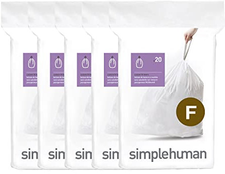 simplehuman Code F 100 Liners, 50% Recycled Custom Fit Bin Bags in Dispenser Packs, Durable Drawstring Tie Handle, 25-30L, White