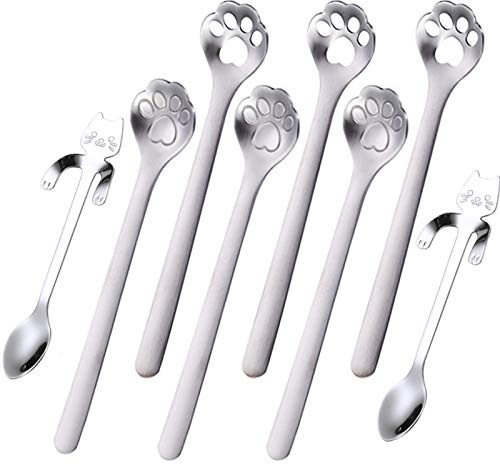 Cat Paw Löffel Kaffee Teelöffel, PBIEHSR Edelstahl Hängende Tasse Teelöffel Zwei verschiedene Längen Dessertschöpfer für Rührgetränk Mischen Milchshake Marmelade, 8er Set (Silber)
