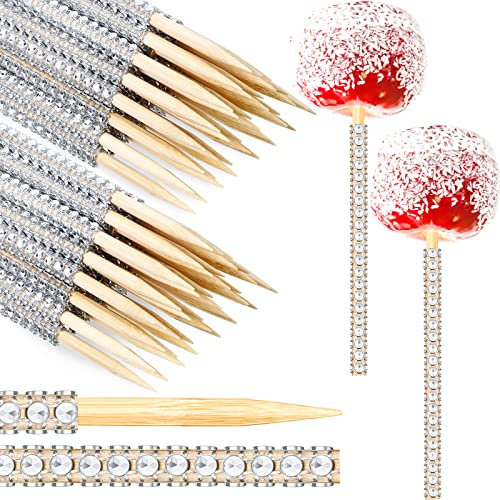 Sieral 100 Pcs Bling Candy Apple Bamboo Sticks 6 Inch Rhinestone Bling Caramel Apple Wooden Skewers with Diamond Mesh Wrap for Cake Pop Fruit Candy Making Dessert Table Accessories (Silver)