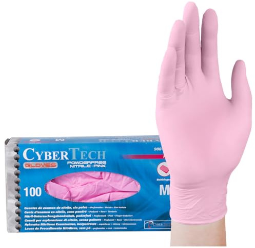 CyberTech – Nitril-Handschuhe mit Kaugummi-Duft (100 Stück), puderfrei, unsteril, pinke Untersuchungshandschuhe, L