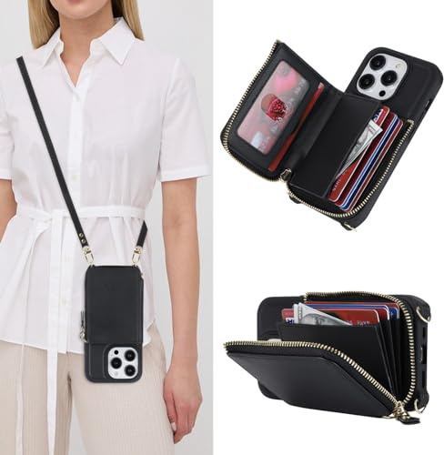Zouzt Crossbody Wallet Case for iPhone 14 Pro, Black | with Strap Lanyard Purse, Card Holder, PU Leather Zipper Handbag, Shockproof TPU,Back Flip Phone Cover