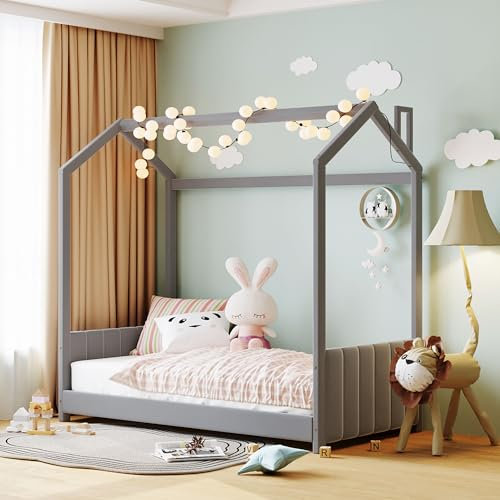 Merax Hausbett 90 x 200 cm, Kinderbett mit Lattenrost, Bodenbett mit Kopfteil & Fußteil für Jungen & Mädchen, Grau (Ohne Matratze)
