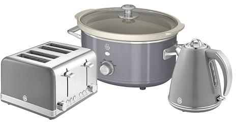 Swan Retro Kitchen Set, 1.5L Fast Boil Kettle & 4 Slice Toaster & 3.5L Slow Cooker, Grey, SK19020GRN, ST19020GRN, SF17021GRN