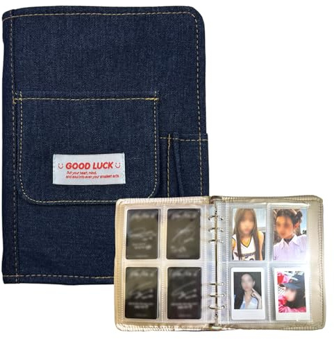 Y2K Denim Photocard Binder with 40 Pcs Inner Sleeves 6 Ring 4-Pocket Photo Card Collect Book Hold Up to 160 Cards (Dark Blue)