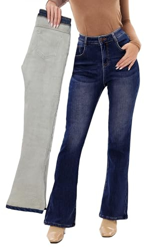Fakanhui - Pantalones de mezclilla con forro polar para mujer, con forro de franela térmica, estilo bota acampanada, cálidos, para invierno, azul oscuro, S