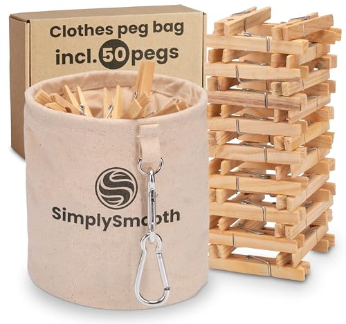 SimplySmooth Klädnyp-väska – Väska för nypor av 100% bomull med extra stora karbinhaken för upphängning – Klädnyp-korg med lås (beige, XL med nyp)