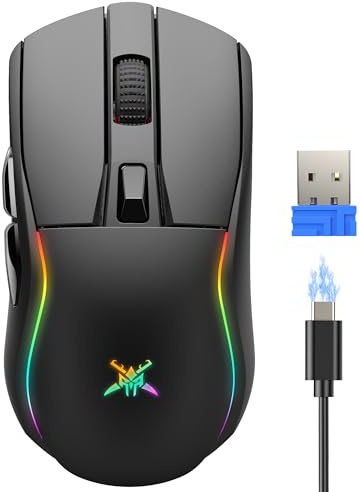 TECKNET Gaming Maus Kabellos, RGB Wiederaufladbare Maus mit 24000 DPI, 2.4G/USB-C/Bluetooth Ergonomische Gaming Mouse mit 6 Programmierbare Tasten, 1000Hz Abfragerate, 300 IPS für PC/Mac Gamer