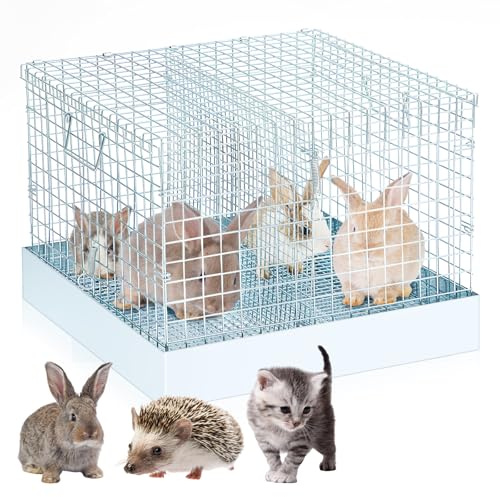 DoubleFill 2 Hole Folding Rabbit Transport Cage, Portable Bunny Carrier with Tray and Handles for Travel or Temporary Housing, Indoor Outdoor Pet Habitat Animal Enclosure(18 x 18 x 14 in)
