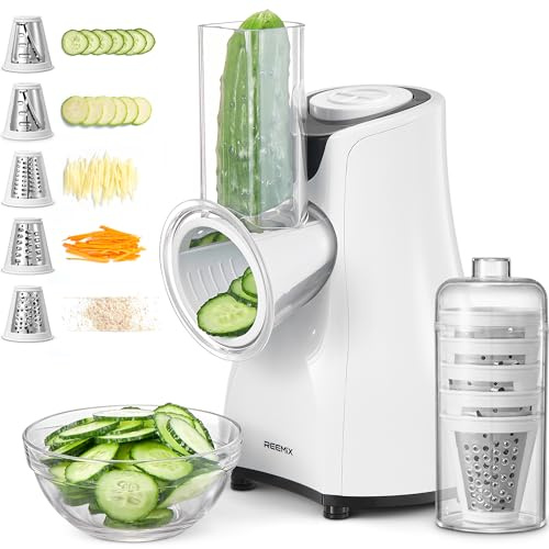 Reemix Electric Cheese Grater, 5-in-1 Salad Maker with 5 Interchangeable Stainless Steel Cones & Storage Box, Professional Electric Slicer Shredder for Vegetables, Fruits, Nuts, 150W, White