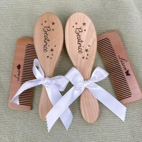 Personalized Wooden Hair Brush & Comb Set, Cradle Cap Brush, Massage Hair Brush and Comb for Toddlers, Custom Newborns Gift(4pcs)