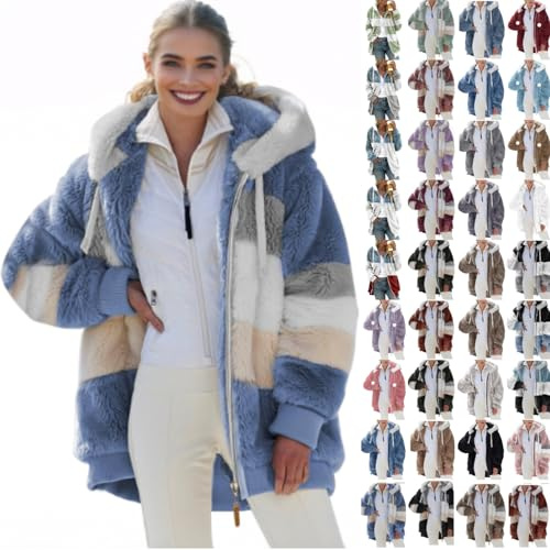 Winterjacke Damen Warm Sherpa Kapuzenjacke Winter Fleece Teddyjacke Reißverschluss Plüschjacke Fleecejacke Hoodie Casual Kuscheljacke Flauschig Mit Taschen Winterpullover Pelzjacke Schwarz Blau Xl 5xl
