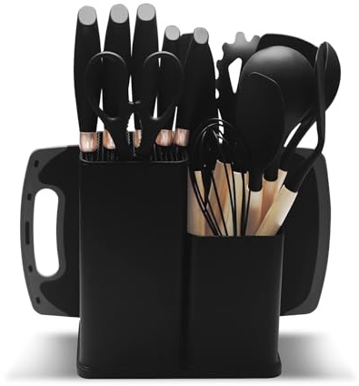 Set Couteaux de Cuisine 19 pièces avec ustensiles de cuisine en silicone 5 couteaux 12 accessoires antiadhésifs 1 paire de ciseaux planche à découper et support pour cuisson sans stick (Noir)