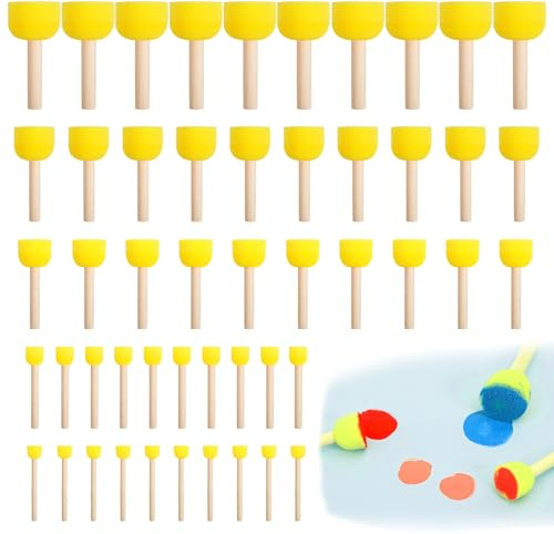 50 Pcs Paint Sponges for Painting Foam Brushes Washable Yellow Round Sponge Brush Set with Wooden Handle for Graffiti Staining Varnishes and DIY Craft Arts Projects (4 Sizes)