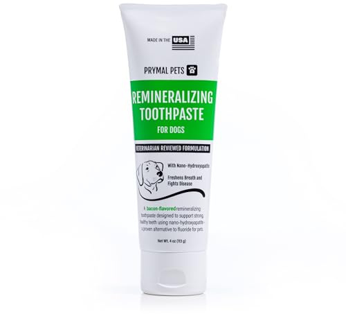 Prymal Pets Remineralizing Dog Toothpaste with Nano-Hydroxyapatite – Bacon Flavor, Fluoride-Free & Safe to Swallow, Veterinarian Reviewed, Made in USA, Fights Plaque & Freshens Breath (4 oz)