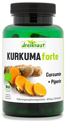 dreikraut - Kurkuma Forte Bio | Curcumin 95% + Kurkuma + Piperin | 160 vegane Kapseln | Deutsche Herstellung | frei von Zusätzen