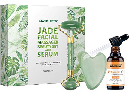 NEUTRIHERBS Jade Roller and Gua Sha Set for Face with Vitamin C Serum (3 in 1 Kit) Facial Massage Skin Care for Eye Puffiness, Skin Tightening