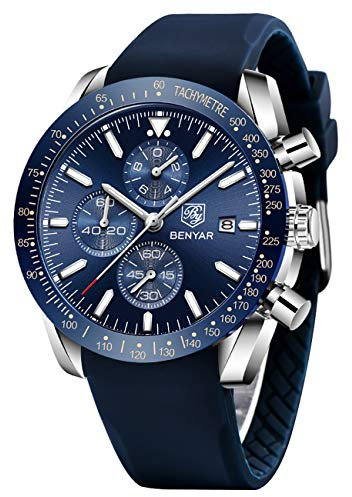 BENYAR Herrenuhr Quarz Sport Chronograph Mode Marken Business Uhr Herren Braun Lederuhr Wasserdicht Kratzfest Analog Automatik Datum Elegantes Geschenk Armbanduhr (Silberblau-J)