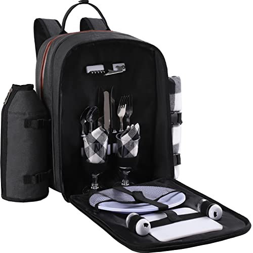ALLCAMP OUTDOOR GEAR Picknickrucksack für 2 Personen Set mit abnehmbarer Flasche/Weinhalter, Fleecedecke, Teller und Besteckset (Schwarz)