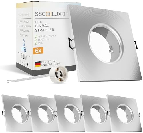 SSC-LUXon 6 Stück BEDA Einbaustrahler IP65 Rahmen für Bad & Außen - quadratischer & rostfreier Einbauspot Alu gebürstet eckig