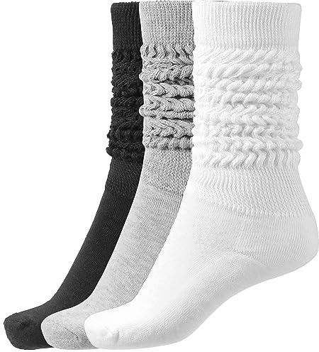 BomKinta Slouch Socks Women Thigh High Boot Socks Soft Scrunch Sock Gifts Size 5-11 3 Pair Pack Black White Gray