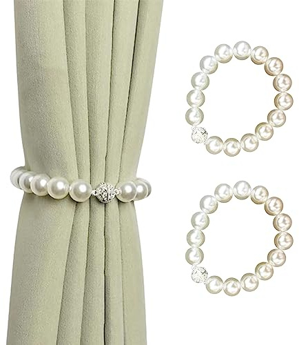 2 Stücke Vorhang Raffhalter,Faux Perle Vorhang Raffhalter, Gardinenklammern mit Starken Magnet,Vorhanghalter Seil,Duschvorhang Rückhalter,Gardinen Halterung für Heim,Outdoor Vorhang Dekoration (25cm)