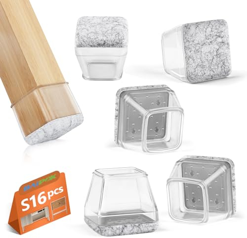 16 Stück Stuhlbeinkappen, BAIPOK Schutzkappen für Stuhlbeine S (23-29 mm) | filzgleiter für stühle, Transparent Silikon Stuhlbeinschoner, Gummi Stuhl Beinkappen für Hartholzböden, Eckig