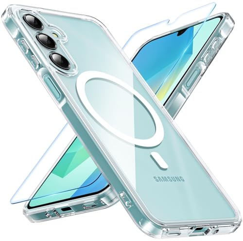 OWKEY Magnetic Clear Case for Samsung A16 Phone Case with Screen Protector,Anti-Yellowing and Scratches,Shockproof Hard PC Back Cover for Samsung Galaxy A16 5G/4G,Transparent