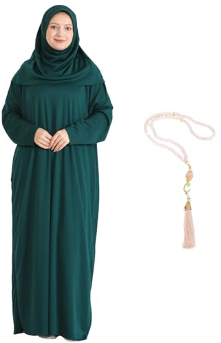 Modish Group, bönkläder med hijab, muslimska kläder, lång rock, abaya turkiska islamiska klänningar, Dubai Kaftan med radband, Smaragd, en storlek