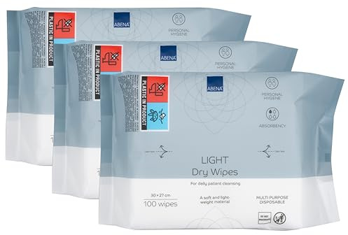 ABENA Light Dry Wipes, 3 Packs of 100 Wipes, 30 x 27cm, Absorbency Level 1, Multifunctional Cleansing, Easy & Effective Everyday Cleaning, Disposable Towels